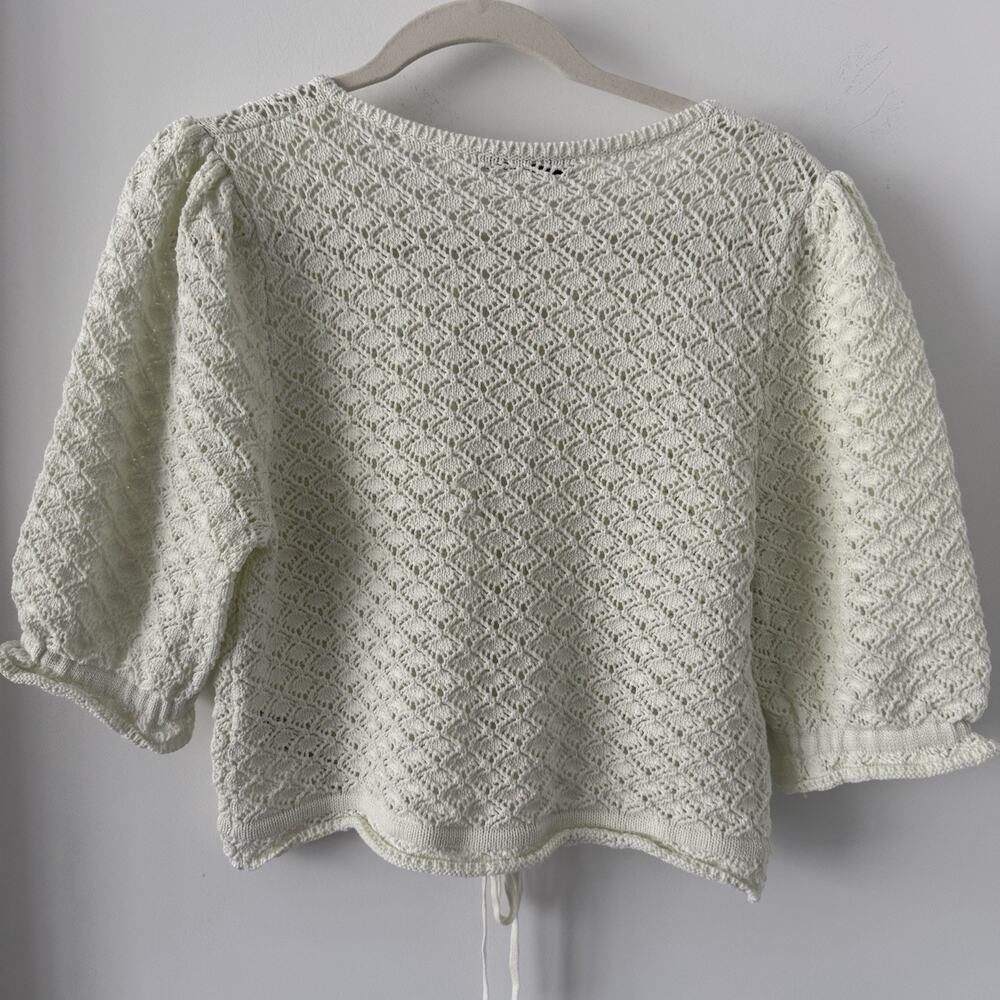 ZARA Pointelle Open knit top Tie Front Size M Crochet Elastic Puff Sleeves - Picture 7 of 7